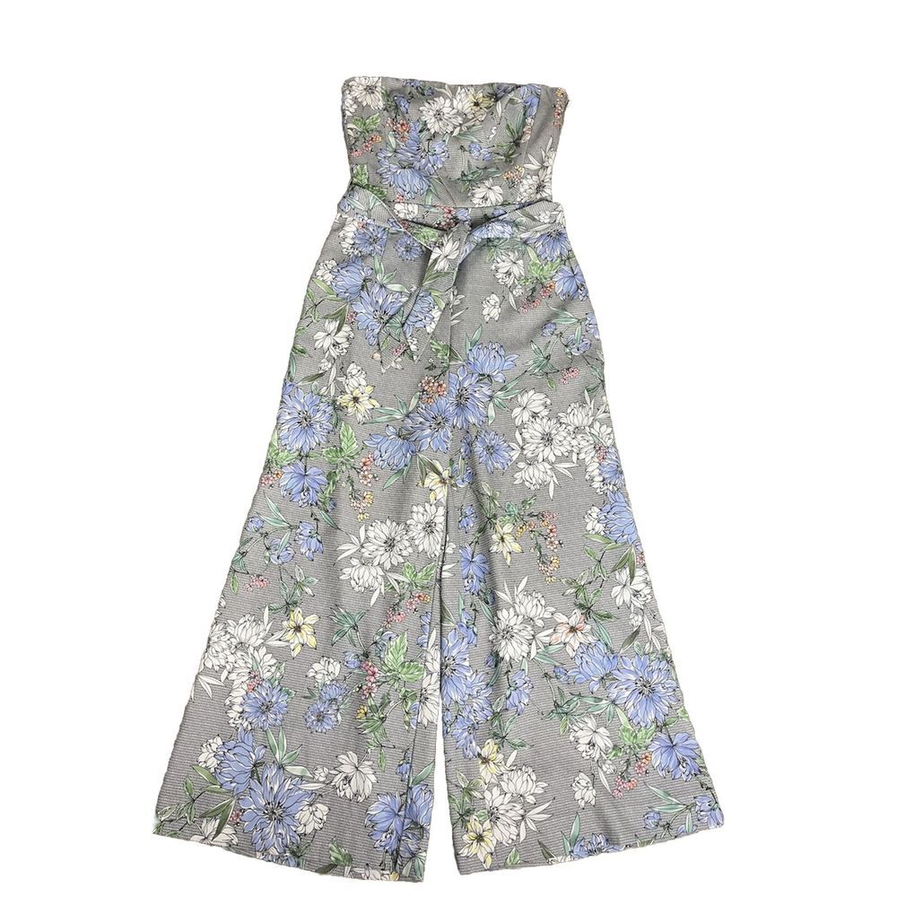 H&M JUMPSUIT ROMPER Size 2 Gray Floral Tie Waist Wide Legs Sleeveless
